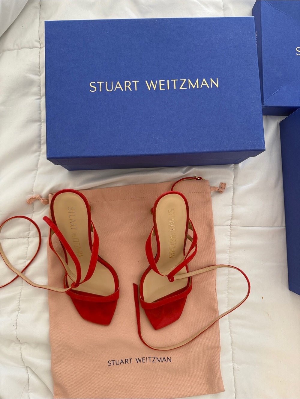 Stuart Weitzman Red Suede Strappy Heels with Ankle Wraps